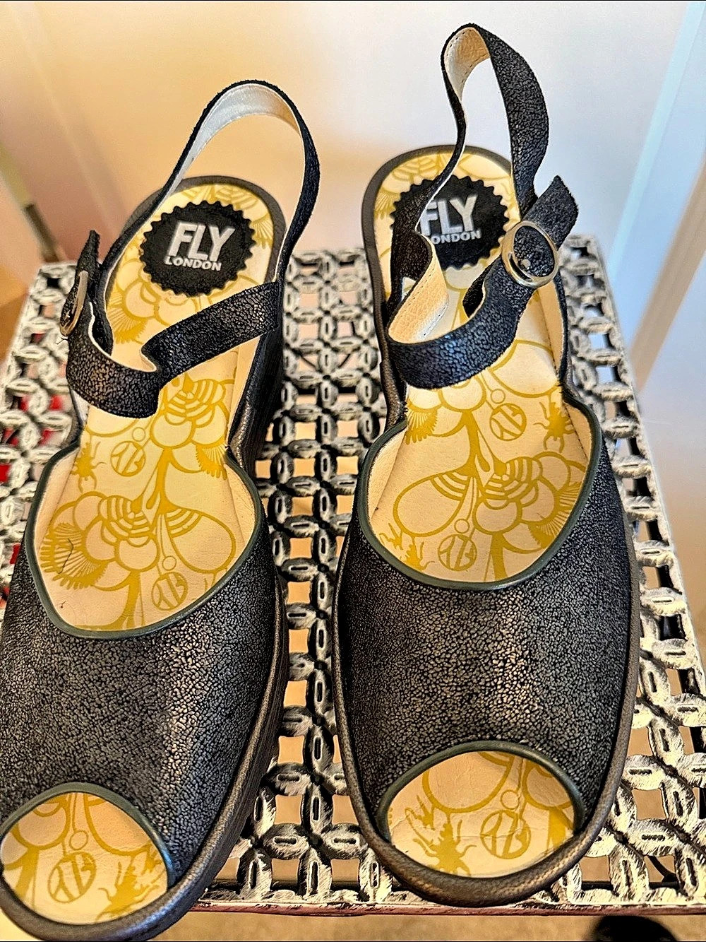 Fly London Wedge Sandals in Black Graphite 39